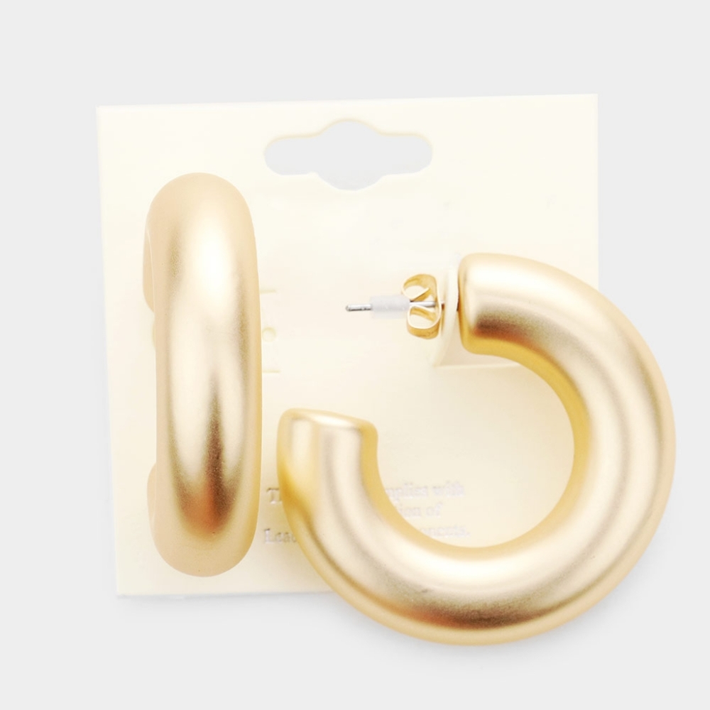 Matte Gold Hoop Earrings 1.5" Casual Simple Thick Chunky Metal Womens Huggie